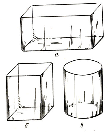 Рис. 3. Цельностеклянные аквариумы; а - низкий прямоугольный, б - высокий прямоугольный, в - круглый