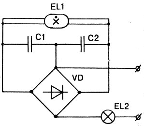 Электронная пусковая схема для люминесцентных ламп: C1, C2 - 0,5 мФ; 300 В VD - Д226Б E11 (люминесц.) E12 (накаливания) ЛБ20 - 40 Вт ЛБУЗО - 60 Вт ЛБ40 - 75 Вт
