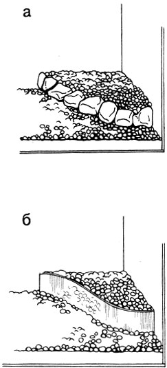 Терраса на дне аквариума, ограниченная: а - камнями; б - гнутой пластинкой оргстекла