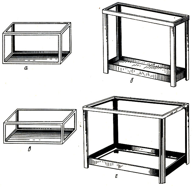 Рис. 1. Каркасные аквариумы: а - стандартный, б - ширма, в - корыто, г - школьный